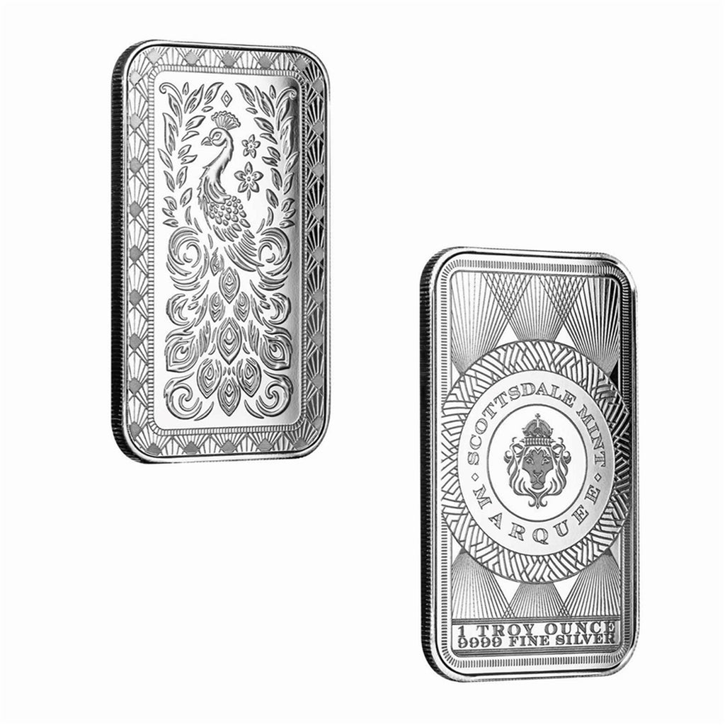 1 oz Scottsdale Mint Marquee Peacock Silver Bar