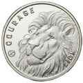 Silver coin with a lion's head and 'Courage Lion' text on a white background