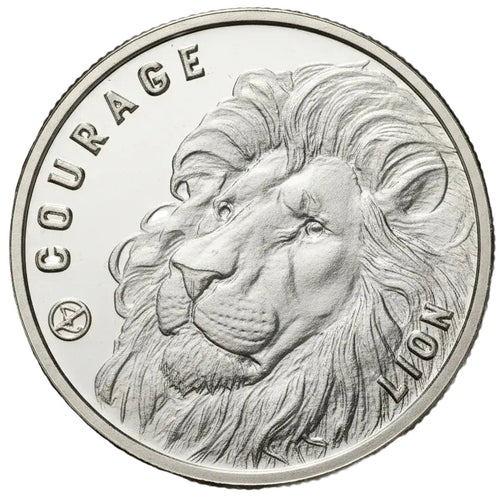 Silver coin with a lion's head and 'Courage Lion' text on a white background